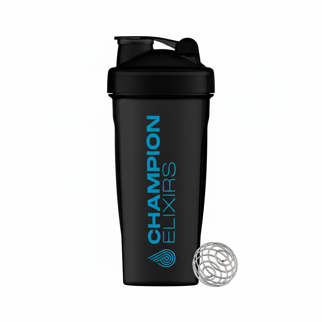 Black shaker bottle with 'Champion Elixir' branding on a white background